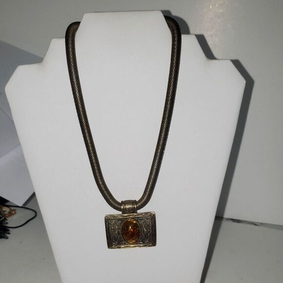 A Chunky Amber Colored Stone And Pewter Boho Brutalist Necklace Snake Chain - Picture 1 of 8